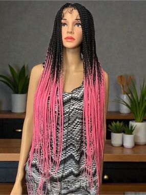 Long Ombre Box Braids Wig - Black to Pink